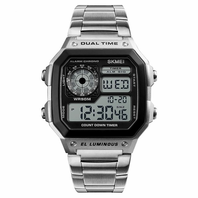 digital watch with metal strap