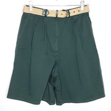 Womens High Waisted Pleated Shorts 8 Dark Green Belted Elastic Waist Vintage