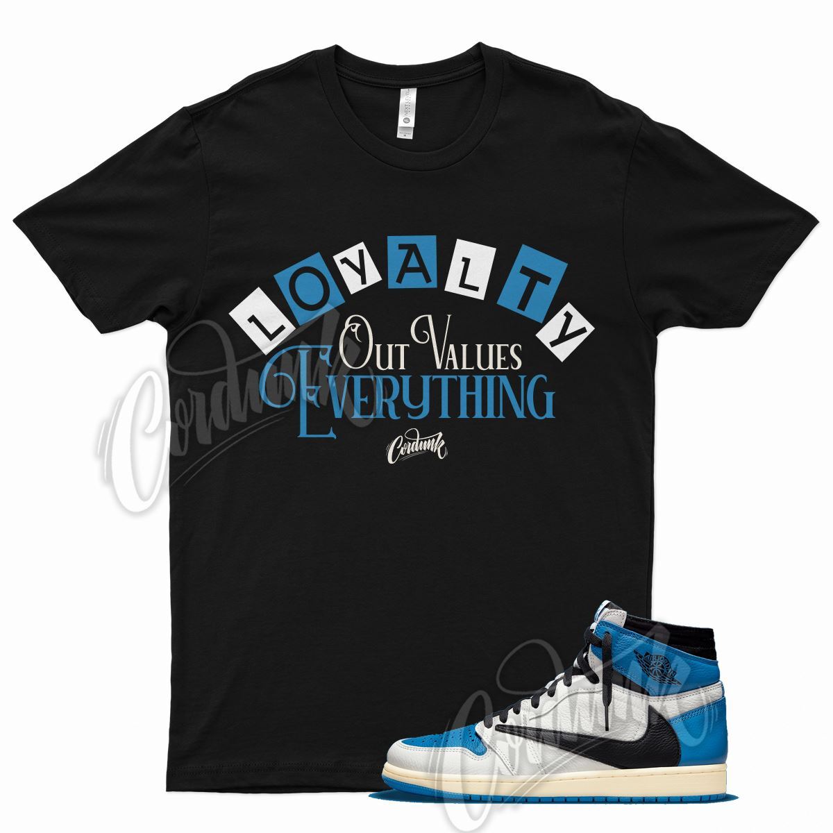 Black LOYALTY T Shirt for Fragment Travis Scott J1 1 Military Blue 