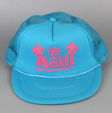 Maui Hawaii VTG Trucker Hat Cap Snapback Foam Teal Blue Roped Flat Bill Unisex