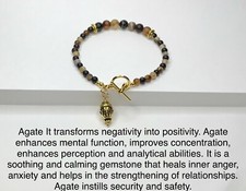Feng Shui 7.5 Bracelet Natural Agate Gemstone. With Tibetan Buddha Head.