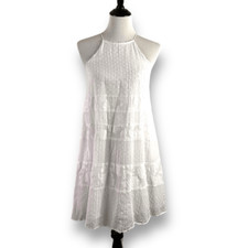 Loft Women's S Mock Halter Neck Sundress White Swiss Dot Tiered Lace Coastal