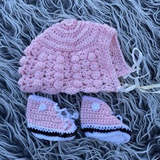 Vintage Crocheted Knit Baby Girl Bonnet W/ Matching Crocheted Shoes Pink