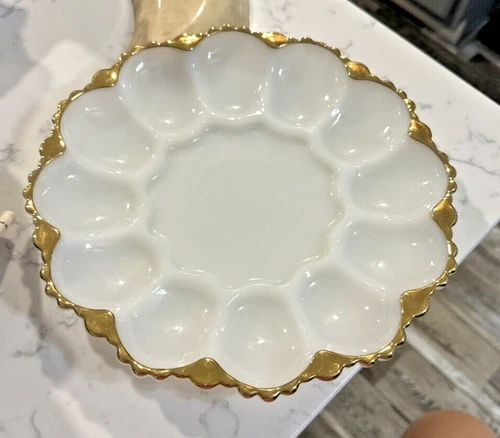 Vintage Fire King White Milk Glass Deviled Egg Serving Dish w/Gold Trim