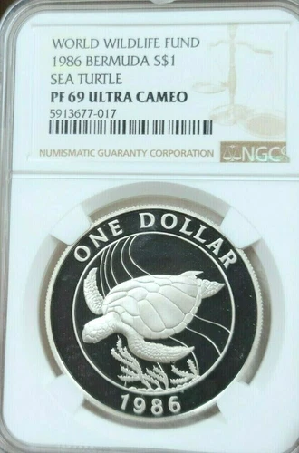 1986 BERMUDA SILVER 1 DOLLAR S$1 SEA TURTLE NGC PF 69 ULTRA CAMEO BEAUTIFUL COIN