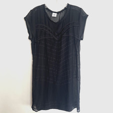 Cabi Short Cap Sleeved Fringe Black 2 Piece Shift Dress With Sheer Overlay Small