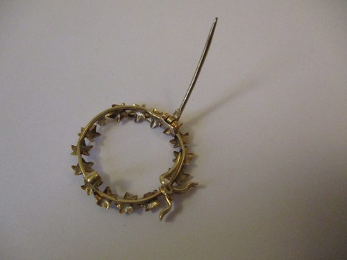 Antique Vintage 14K Gold Brooch Pin Handmade Ivy Leaf Wreath Mounted Diamond - Picture 8 of 9