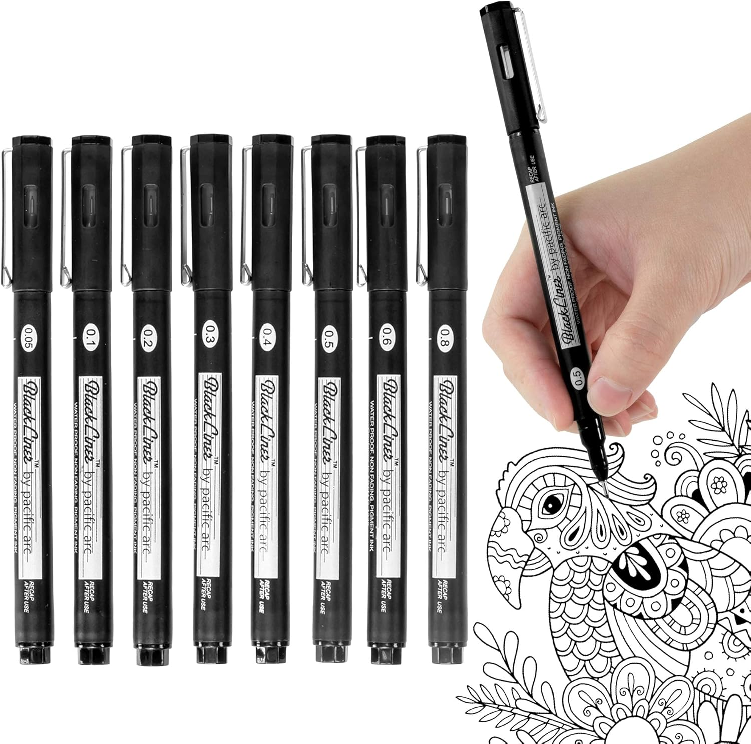 Blackliner Black Fineliner Pens, Set of 8 Differently Sized Fine Drawing Pens fo