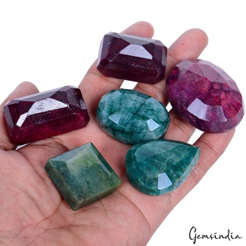 1370 Ct/6 Pc Natural Ruby Emerald Mix Faceted Cut Earth Mined Huge Size Gemstone - Picture 3 of 5