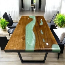 Green Epoxy Resin Dining Top Table Handmade Wooden Cafeteria Modern Arts Home De