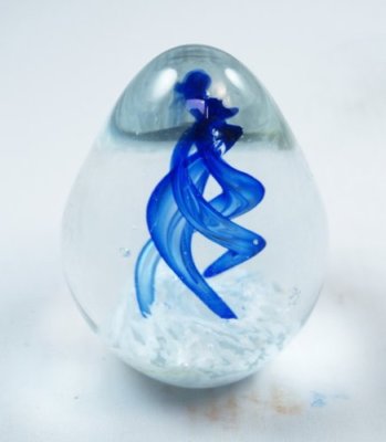 M Design Art 3 Blue Spirals Accending Out of Snow Egg Paperweight PW-709