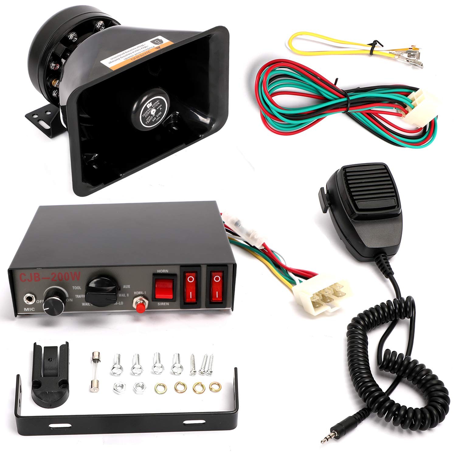 200W Police Siren 9-Tone w/ Wired Handheld Mic & Loudspeaker Car Emergency 120-1