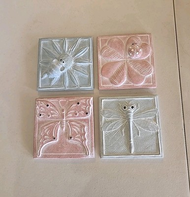 Isabel Bloom Set Of 4 Signed Concrete Cast 3d Wall Hanging Tiles 2004 RARE 6X6