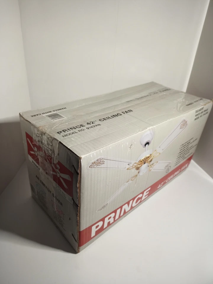 Prince 42" Ceiling Fan White & Brass Model 9142WB 3 Speed Pull Chain w Light New - Image 2 of 4