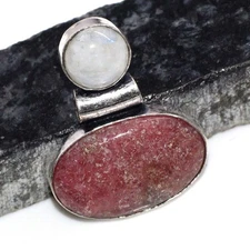 Pretty Rhodonite Rainbow Moonstone 925 Silver Plated Pendant 1.5" JW