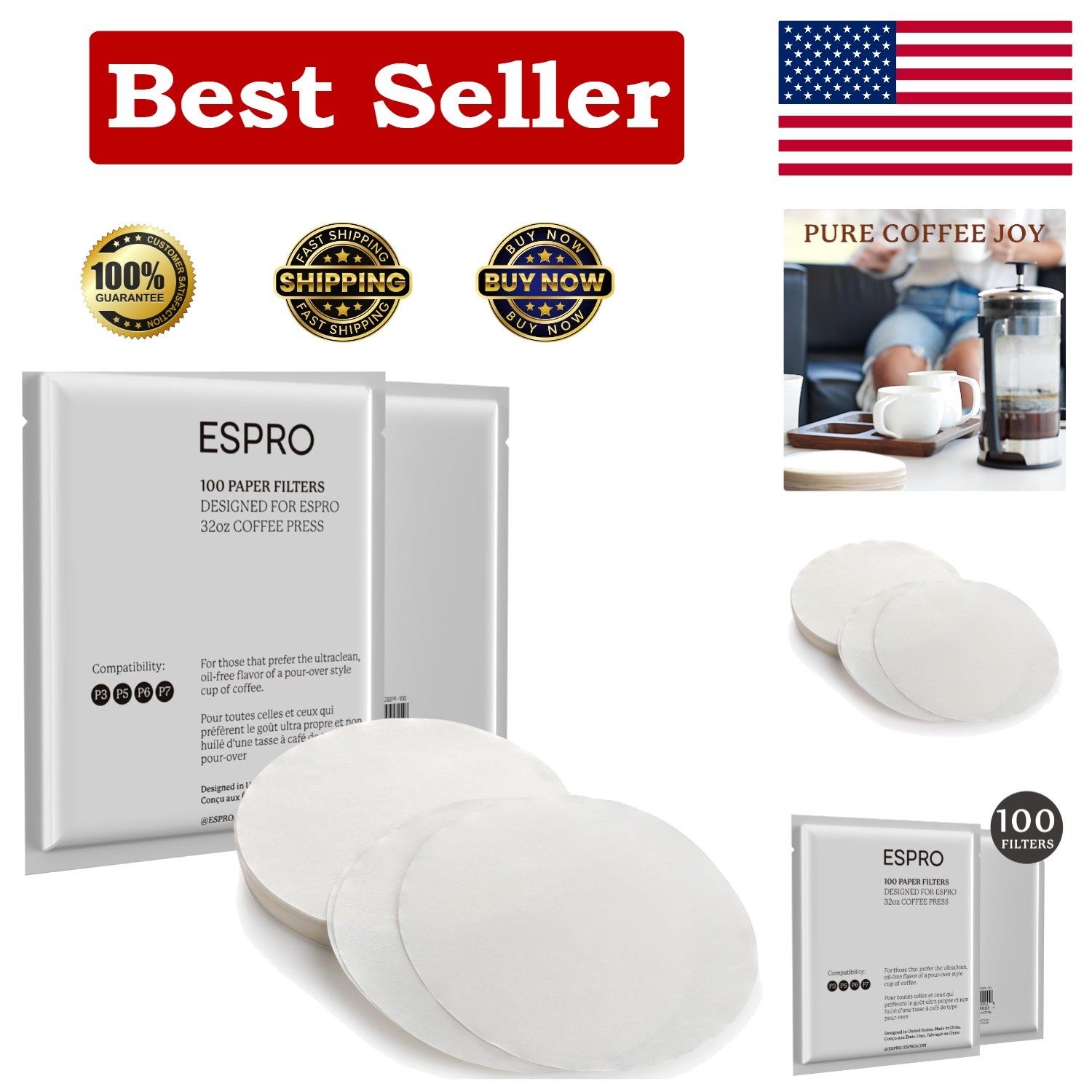 ESPRO 100 Count Coffee Paper Filters - for French 32 oz, Esp