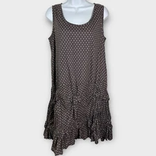 Tulip XS Lagenlook Shift Dress Cotton Taupe/Gray Polka Dot Ruched Ruffles India