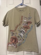 Tree Hugger Cotton T-Shirt Womens Mushrooms Graphic Boho Hippie Good Vibes Small