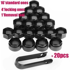 16x 17mm Black Gloss Alloy Wheel Nut Bolt Covers Caps +4x Locking CAPS UNIVERSA