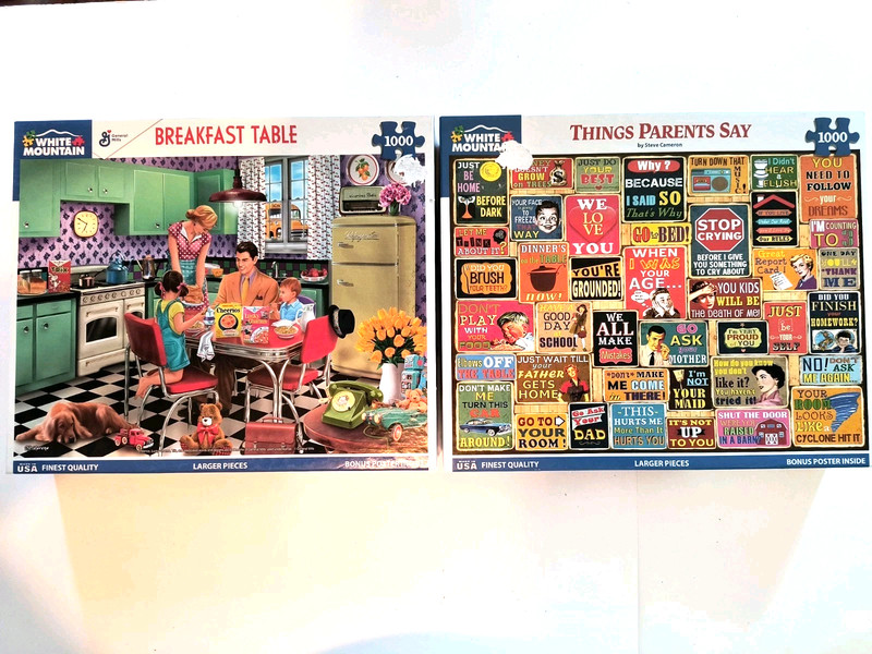 Lot Of 2 White Mountain 1000 Pc Puzzles, Breakfast Table & Things Parents Say
