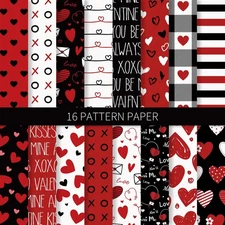 128 Sheets 6x6 Inch Valentine's Day Pattern Paper Red Black Square Double