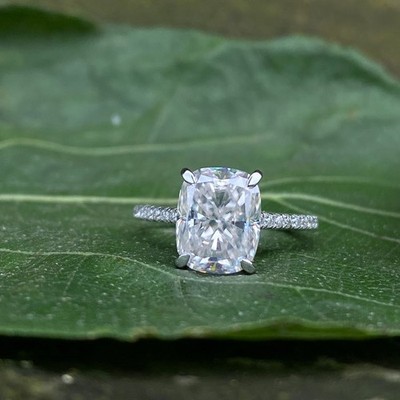 Elongated Cushion Cut Moissanite Engagement Ring Hidden Halo Wedding Bridal Ring