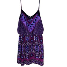 Express Purple Geometric Ikat Print Blouson Mini Dress Mesh V-Neck Womens Medium