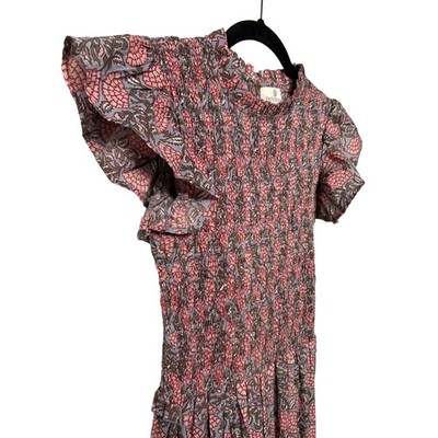 Perry Walker Smocked Maxi Dress Floral Print Flutter Sleeve Pink Gray Sz 2