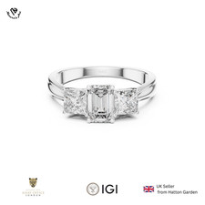 Emerald Cut 3 Stone Diamond Engagement Ring 18K Gold Trilogy IGI Certified UK