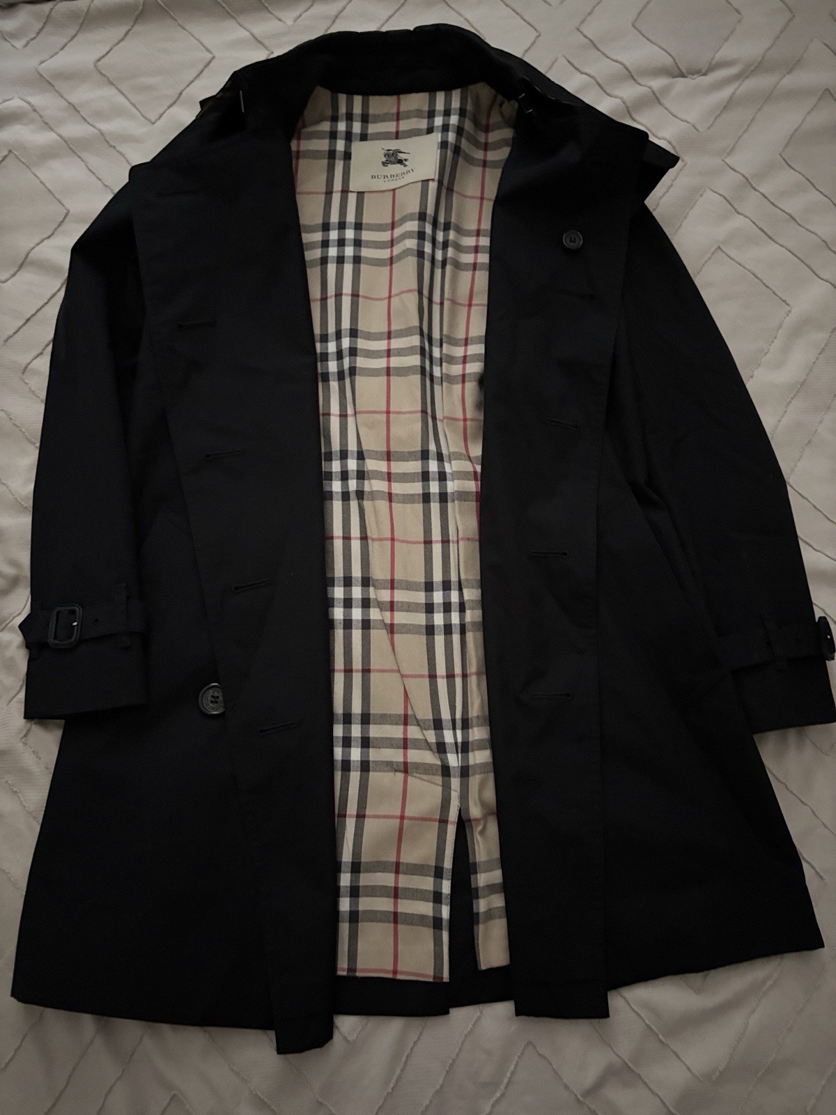 Burberry womens black mid-length coat with classic design