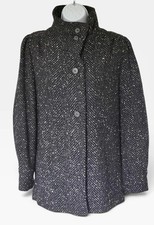 Vtg Zelda Herringbone Wool Tweed Coat L Black White Hi Neck Buttons Made in USA