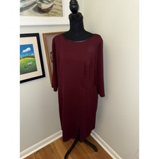Talbots Maroon Burgundy Textured Sheath Dress Women's 16 Faux Leather Trim Work