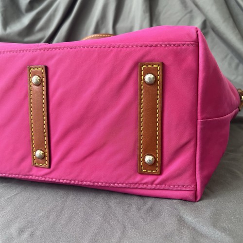 Dooney & Bourke Large FUCHSIA Nylon DILLEN Double Pocket Satchel British Tan EUC - Picture 9 of 21