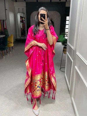 Puro Gaji Seda Paithani Jacquard Caftán Abaya Mujer Heritage Zari Work Maxi Bata - Imagen 1 de 4