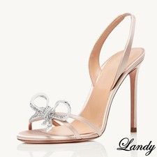 Stiletto Heels Diamond Bowknot Sandals Womens Satin Open Toe Slip on Pumps Shoes