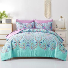 Queen Comforter Set, 7 Piece Bed in a Bag, Boho Aqua and Lilac Damask Medallion
