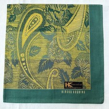 Vintage Handkerchief Green Cotton Gold Paisley Floral Oriental Pocket Square 18"