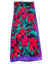 Colorful Floral Scarf Rectangle Neck Wrap Shawl Purple Trim Lightweight Bohemian