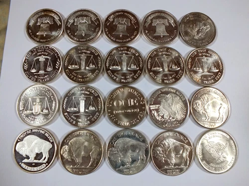 1 oz silver round 0.999 (20 rounds = 20 oz total) Mix Lot