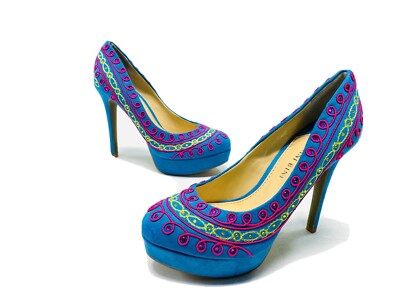 GIANNI BINI Alexis Platform Stiletto Heels Sz 8 M Capri Blue Roping Rhinestones 