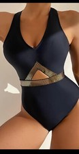 Women Black One Piece Swimsuit Cutout Wire Free Bathing Suit Gold Trim Large