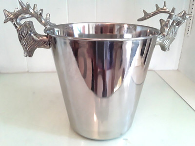 Tommy Bahama Wine or Ice Bucket w Stag Head Handles Barware Silver Metal 8.25''