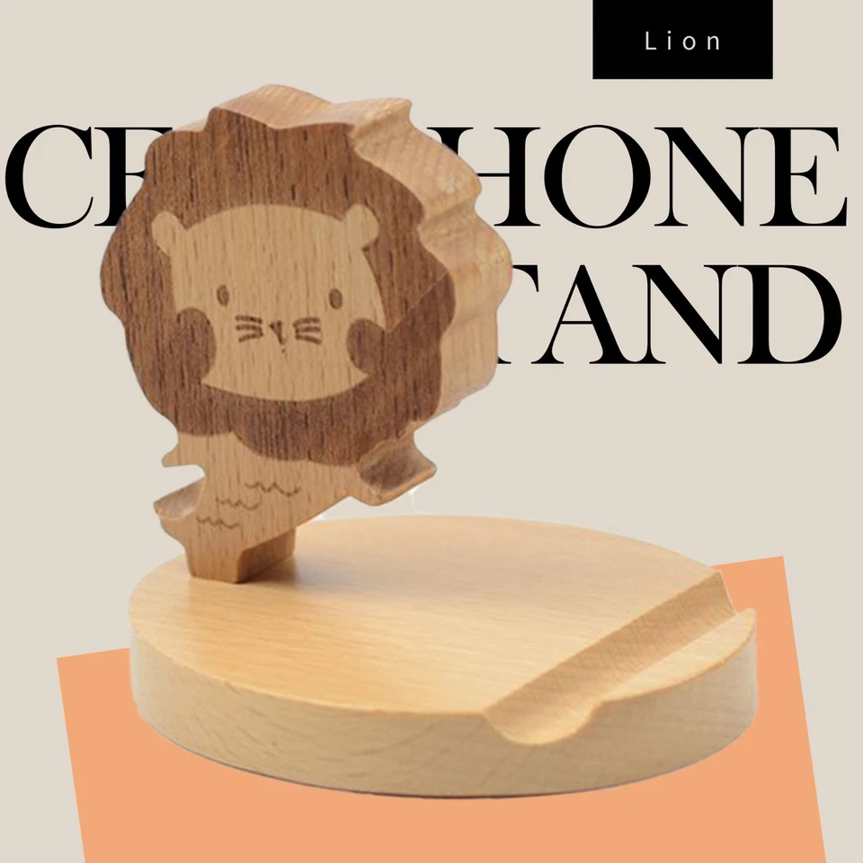 Cell Phone Stand Wooden Deer Dog Lion Tablet Mount Desktop Holder Cradle Dock - Image 4 of 4