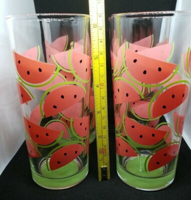 Watermelon Tall Glasses 4pc Summer Drinks Fun Pink Watermelon Decorated 