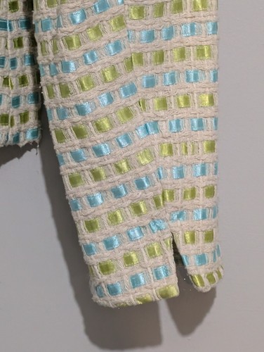 Talbots Jacket Blazer Silk Blend Blue Lime Green Ribbon Tweed Plaid Petite 6 - Picture 5 of 13