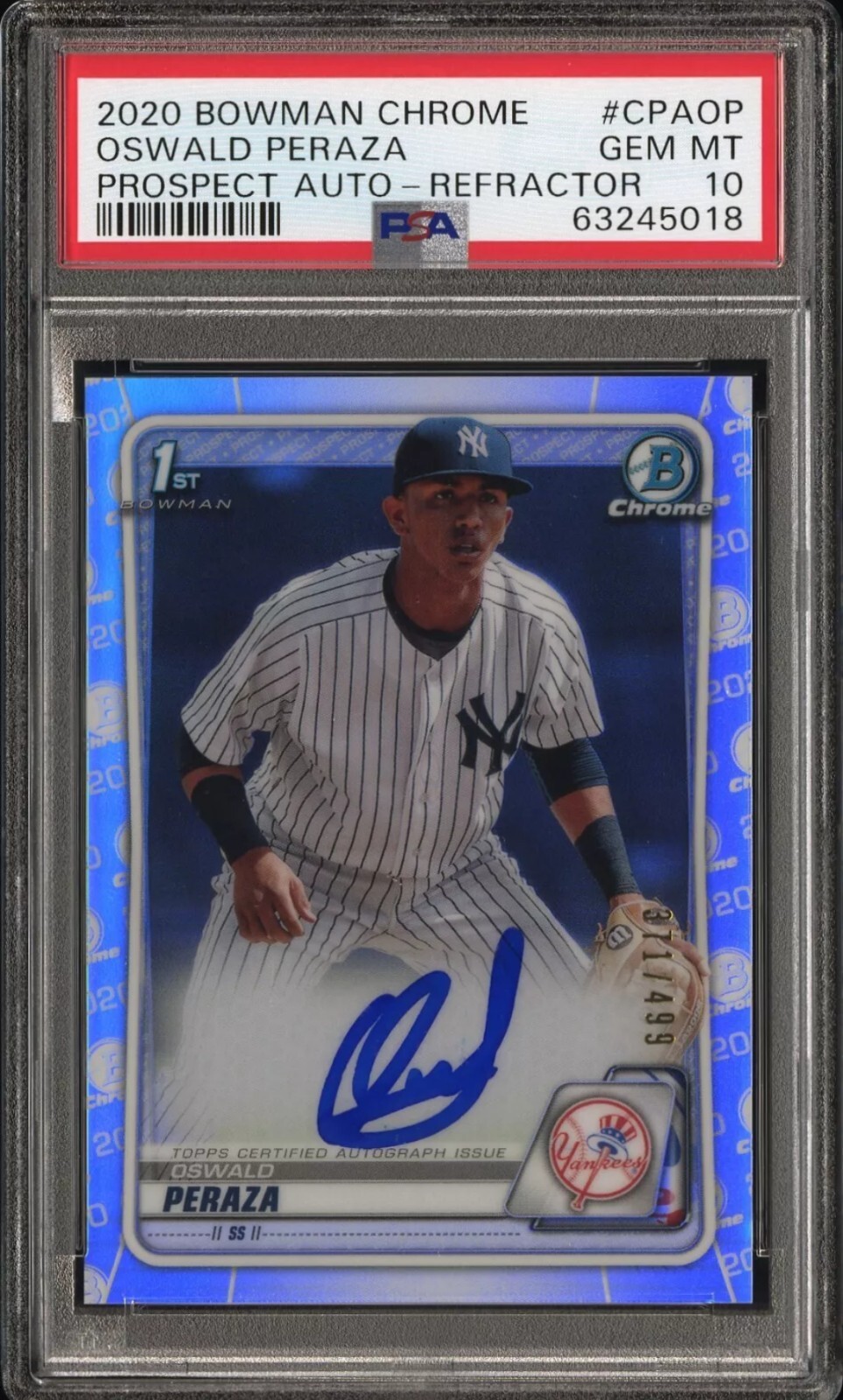 PSA 10 OSWALD PERAZA AUTO 1st 2020 Bowman Chrome REFRACTOR #/499 RC GEM MINT