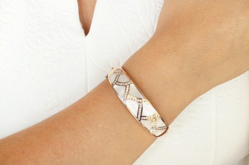 1.60tcw Large Mother of Pearl & Diamond Rose Gold Bangle Rose Gold 14K - Picture 2 of 5