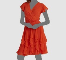 $195 Ralph Lauren Women's Orange Ruffle-Trim Belt Chiffon Dress Size 8