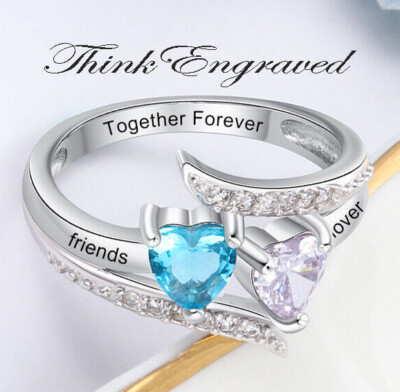 2 Birthstone Mother's Ring Vintage Design 2 Engraved Names .925 Sterling Silver