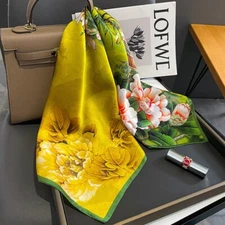 100% Silk 27" Square Scarf Women Neckerchief WrapYellow Chinese Floral Paiting